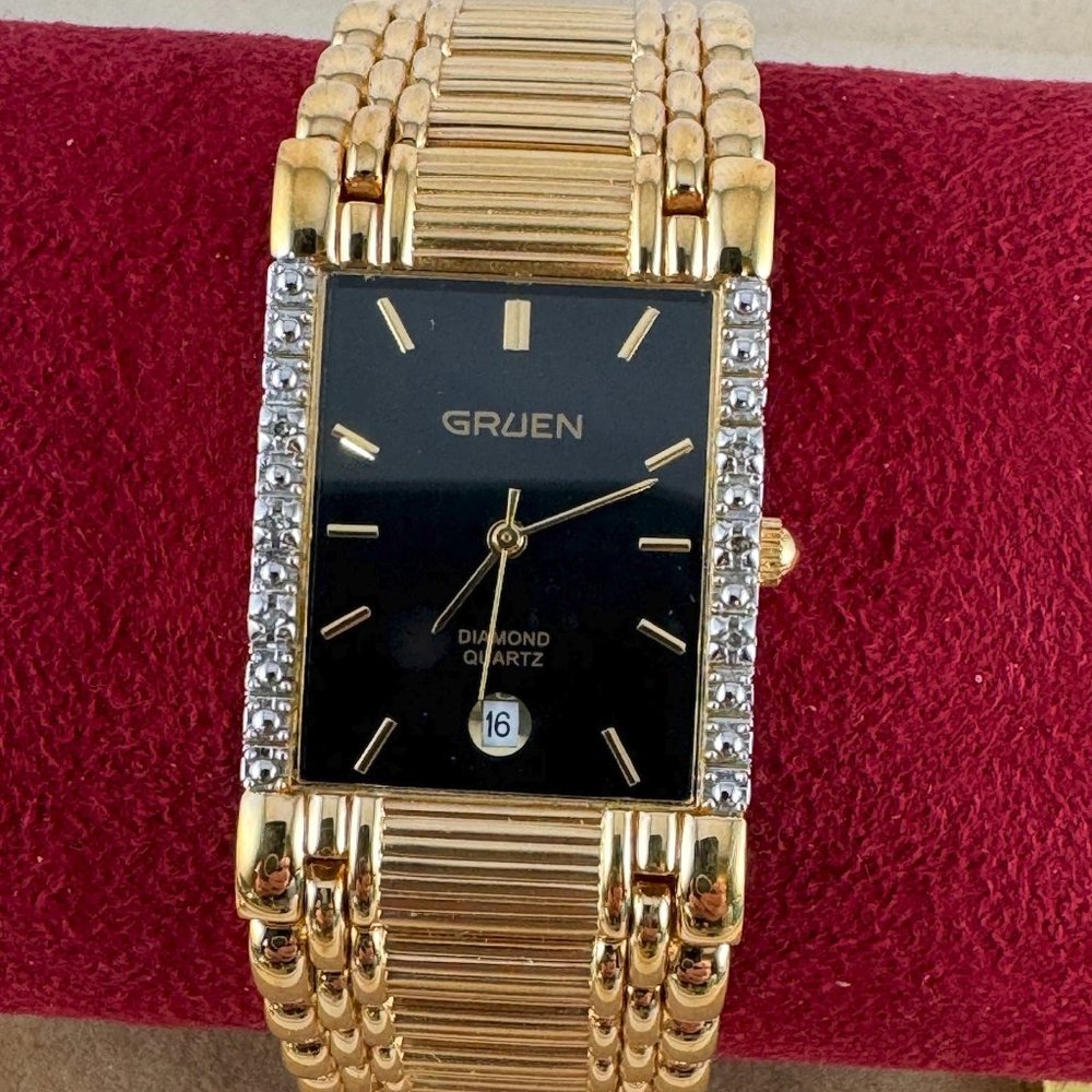 Vintage Gruen Man's 6 Diamond Tank Quartz Watch with Date at 6